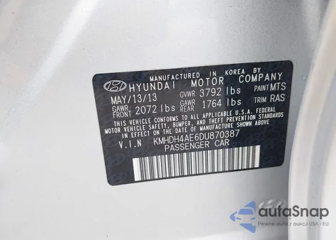 2013 Hyundai Elantra Gls из США, поврежденный, VIN KMHDH4AE6DU870387